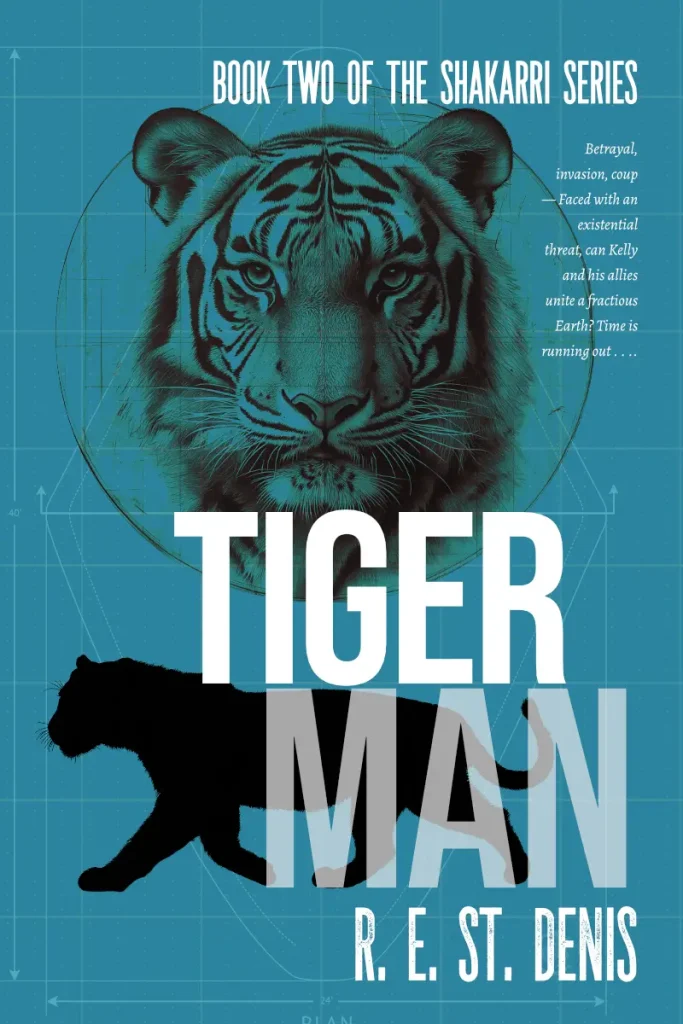 Front cover for Tiger Man by R. E. St. Denis. Avion blueprint background with tiger head and silhouette overlay