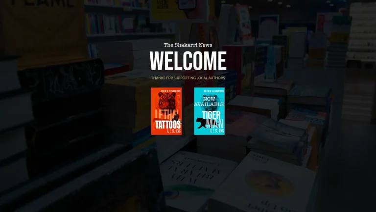 Welcome to the Shakarri News text over dark background of bookstore shelves