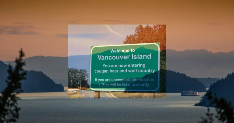 Vancouver Island coastline with BC Ferry in background. Road sign overlays landscape with Welcome to Vancouver Island | background photo by Ben Wicks on Unsplash
