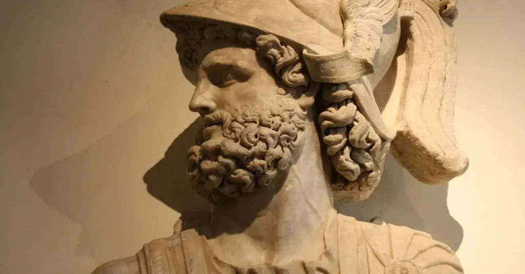 An ancient Greek bas-relief marble frieze depicting a profile view of Mars, the Roman god of war