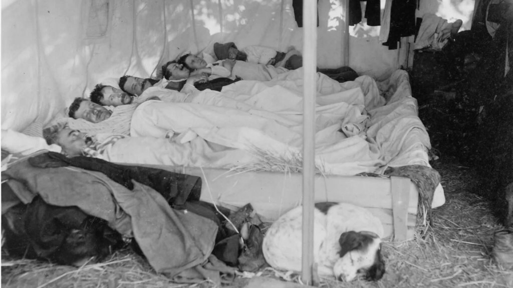 Black and white photo of seven people sleeping in one bed. 