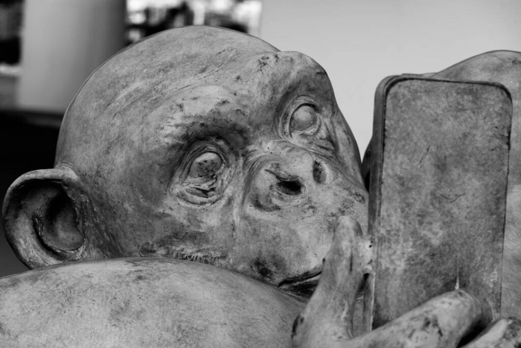 Statue of a monkey taking a selfie | image by Gustavo Sanchez